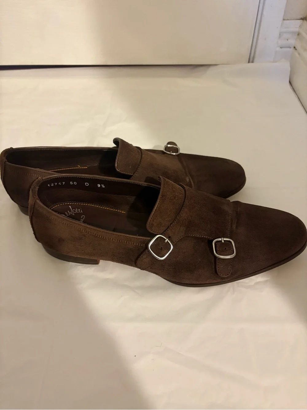 SANTONI mens brown suede loafers